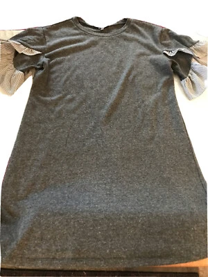 Vestido Camisa Luxology Gris Blanco Rayas Volantes Mangas Cortas Mezcla Algodón Grande Foto 1 de 4