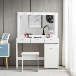 White Dressing Table With LED Light Makeup Desk MDF Bedroom Padded Stool Morden - Picture 1 of 12