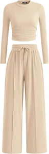 Casual 2 Piece Sets for Women Fall Outfits Ribbed Knit Long Sleeve Crop Top Wide - Picture 1 of 12