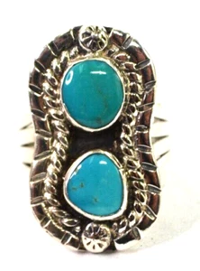 Navajo Ladies 2 Stone Sleeping Beauty Turquoise Ring Sterling Silver Sz 9.25 - Picture 1 of 8
