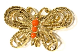 Gerry's signierte Vintage Schmetterling Brosche Anstecknadel Kunstkoralle Steine goldfarben filigran - Bild 1 von 10