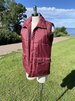 Vtg 70s Maroon Sears Puffer Vest Snap Front Tall Standup Collar Mens Size Medium - Image 1 of 4