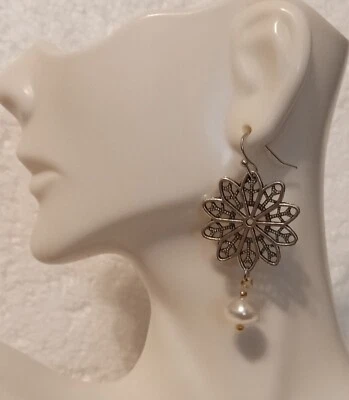 Botanical Elegance Earrings 1.5" White Pearl Dangles - Image 1 of 3