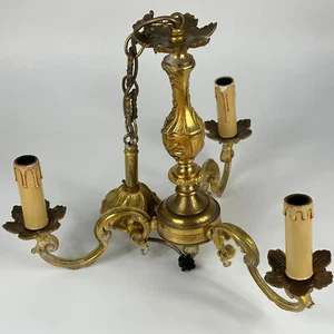 Vintage French 3 Arm Ornate Gold Colour Heavy Metal Ceiling Light Chandelier - Picture 1 of 24