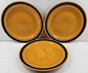3 Kasuga Tahiti Dinner Plate Set Vintage Fujistone Yellow Brown Emboss Retro Lot - Picture 1 of 24