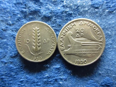 GRECIA 10 DRACMAI 1930 KM72, 20 DRACMAI 1930 KM73 Foto 1 de 2