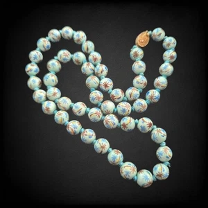 Vintage Chinese Export Hand Painted Knotted Blue Round Porcelain Bead Necklace - Picture 1 of 9