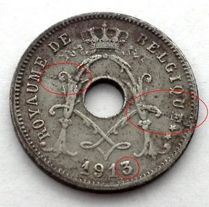 BELGIUM 5 CENTIMES 1913/0 KM#66 3 Over 0 And Lamination Crack Error. MM3.5 - Picture 1 of 2