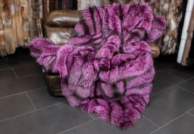 3733 Silver Fox Fur Blanket in purple Pelt Throw Genuine Fur Cover Real Furs - Image 1 of 4