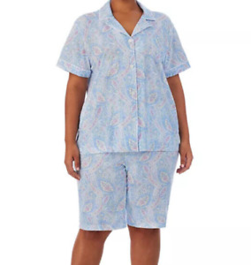 Nwt $66 Ralph Lauren 2 Pc Blue PAISLEY Collar Top & Bermuda Shorts Pajama Set 1X