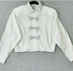Vintage 90s Y2K Crop Top Button Front Half Shirt Polka Dot Tuxedo Bows Femcore M - Picture 1 of 9