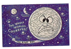 WHOLE WORLD'S COCKEYED! Angry Earth SOLAR SYSTEM Misspellings Puns Postcard 1982 - Picture 1 of 2