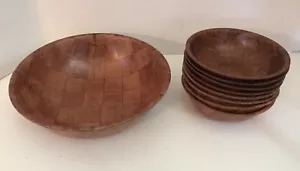 Teak Salad Bowl Set 9 pieces Tiki Mid Century Retro - Picture 1 of 10