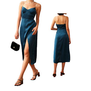 New Rihoas The Pearl Strap Side Slit Blue Satin Dress MIDI Dress Size Large NWT