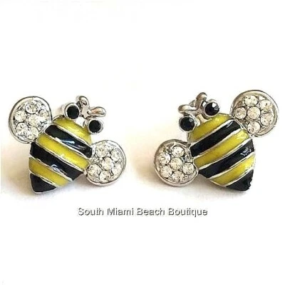 Pendientes de abejorro poste plata enchapado en rodio amarillo negro esmalte cristal Foto 1 de 4