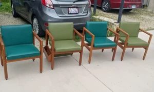 4 Thonet Mid Century Modern Walnut & Green Vinyl Office Library Arm Chairs Rare - Picture 1 of 20