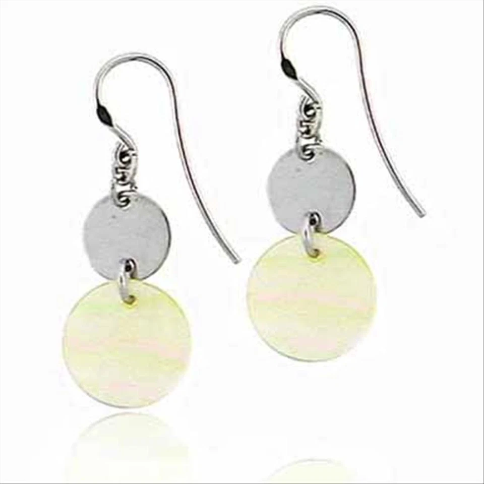 925 Silver Platinum  Disk Circular Genuine Mother Of Pearl Dangling Earrings - Image 1 of 1