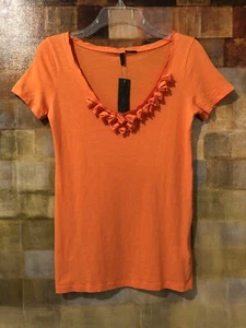 BENETTON "Stile" Orange SS Italian Top W/ Embellished Neckline Sz S (4-6) NWT - Picture 1 of 12