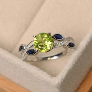1.40Ct Round Peridot Blue Marquise Engagement Ring In Solid 925 Sterling Silver - Picture 1 of 5