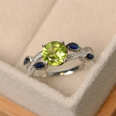 1.40Ct Round Peridot Blue Marquise Engagement Ring In Solid 925 Sterling Silver - Image 1 of 4