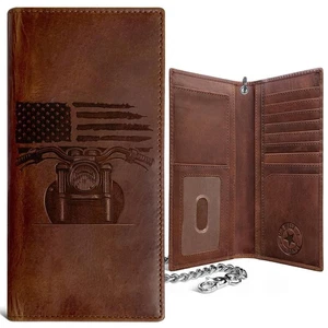 Patriotic Biker Tall Wallet with Chain for Men - Distressed Brown Leather Wal... - Picture 1 of 7