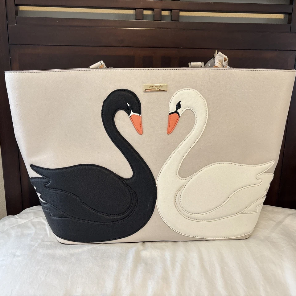 Kate Spade Extra Large “Jules On Point” Zip Top Tote Black White Swan - Image 1 of 4