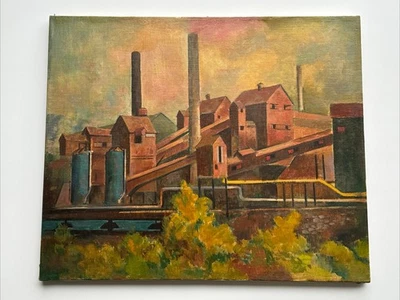 PINTURA ANTIGA AMERICANA WPA FÁBRICA INDUSTRIAL JULES RAUSCHERT LISTADA FAMOSA - Imagem 1 de 4