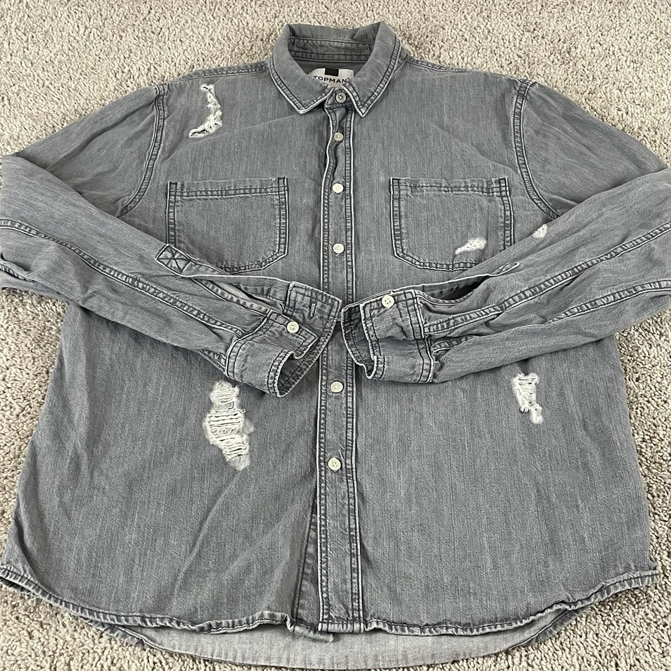 Topman Shirt Men’s Large Gray Distressed Casual Streetwear Chambray Grunge 375 - Image 1 of 4