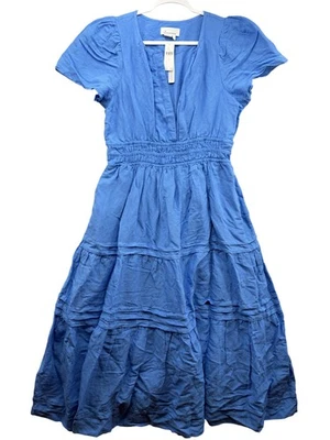 Anthropologie Somerset Linen Dress Womens Large Blue Tiered Midi Short Sleeve - Image 1 of 4