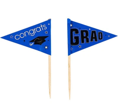 GRADUATION Party CUPCAKE FLAG PICKS  Congrats Grad 12pcs BLUE School Colors - Image 1 of 2