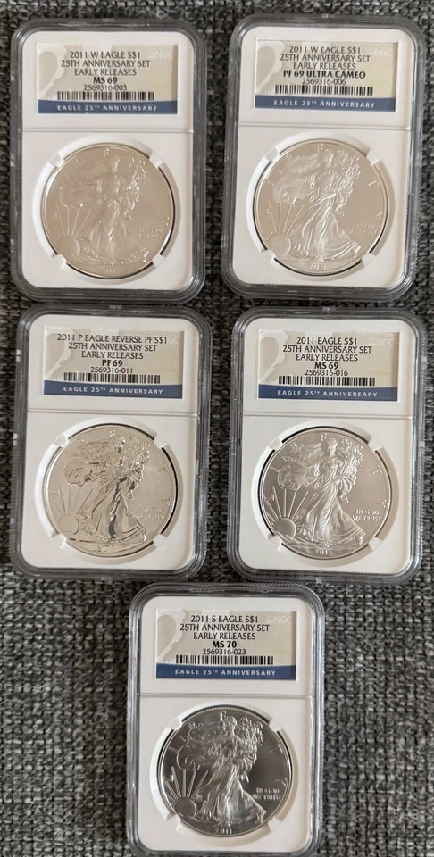 2011 25TH ANNIVERSARY SILVER EAGLE 5 COIN MIXED SET 2-MS 69 2-PF  69  1-MS70 - Image 1 of 3