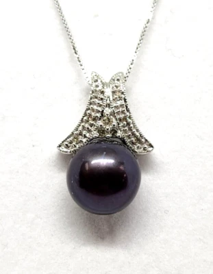10mm Black Pearl & Diamond 10k Gold Pendant on 14k Gold Box Chain, 18'' Long - Image 1 of 4