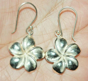 925 Solid Sterling Silver Dangle Hooks Earrings Plumeria Flower Hoops Floral - Picture 1 of 5