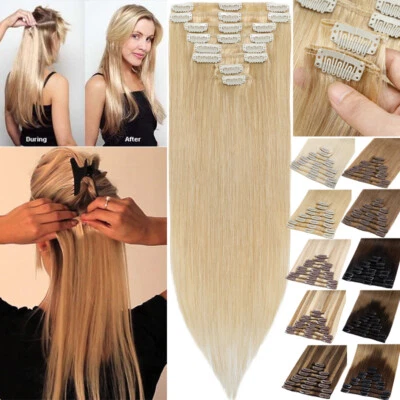 CLEARANCE 100% Remy Clip In Human Hair Extensions 8PCS 18CLIPS Full Head Weft - Image 1 of 4