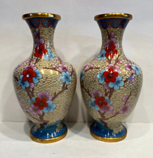 Vintage Cloisonne Enamel Cherry Blossom Butterfly Set of 2 Vases