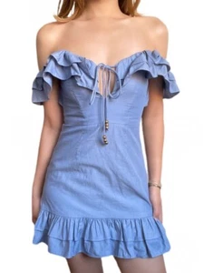 Womens Off Blue Shoulder Ruffle Mini Dress Holiday Party Beach Swing Sundress - Picture 1 of 4
