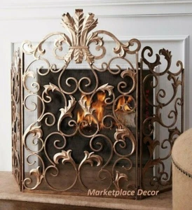 Ornate Gold Acanthus Leaf Firescreen Fireplace Fire Screen Scrolls Mesh Back - Picture 1 of 4