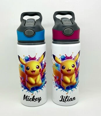 Personalised Pokemon Pikachu Inspired Water Bottle 650ml School Kids 6 Colours - Image 1 of 4