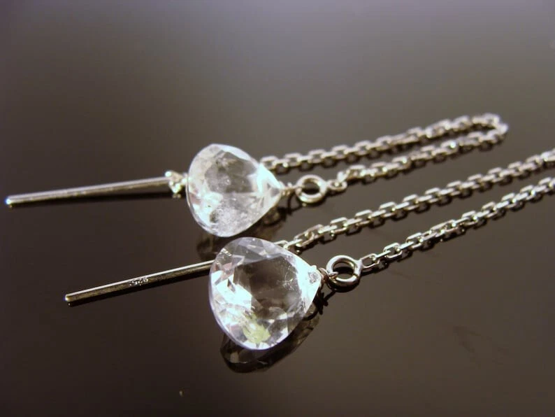 Orecchini a filetto catena placcato argento perle briolette cuore sfaccettato... - Immagine 1 di 4