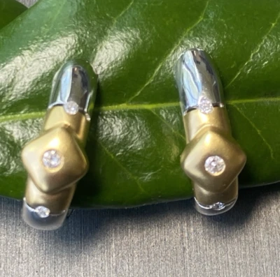 Vintage Diamond Earrings Hoop Estate Fine Jewelry Pre-Owned Huggie 18K Gold - Image 1 of 4