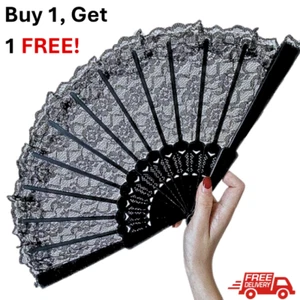 Lace Folding Fan Hand Held Black Dance Floral Pattern Party Accessory +1 FREE - Picture 1 of 5