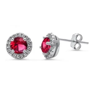 Halo Ruby Stud .925 Sterling Silver Earrings - Picture 1 of 2