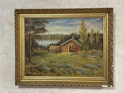 复古瑞典风景油画 E. Hallstrom 帆布 1952 年 — 第 1/4 张图片