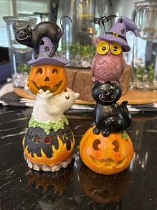 Lot of 2 Halloween 8” Owl Pumpkin Black Cat Ghost Figurines Halloween Decoration - Picture 1 of 6