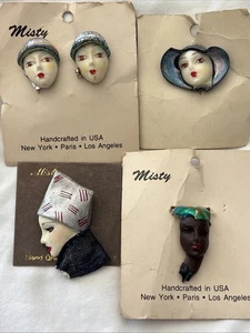 (4) VTG Art Deco Women Ladies Profile Painted Face Brooch Earrings 80s Damaged - Picture 1 of 12