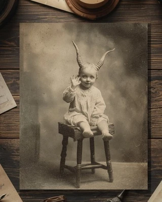 Tarjeta gótica victoriana del día de la madre o del padre con cuernos diablo bebé en blanco por dentro Foto 1 de 4