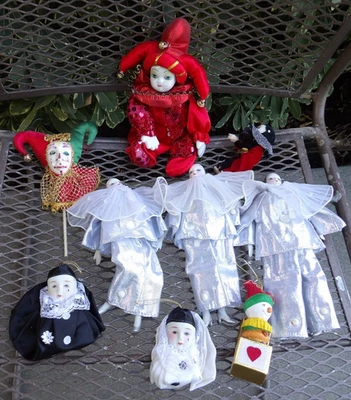 Lot Of 9 Vintage Clown Dolls Porcelain Head Painted Face Fabric Body Jester - Image 1 of 4