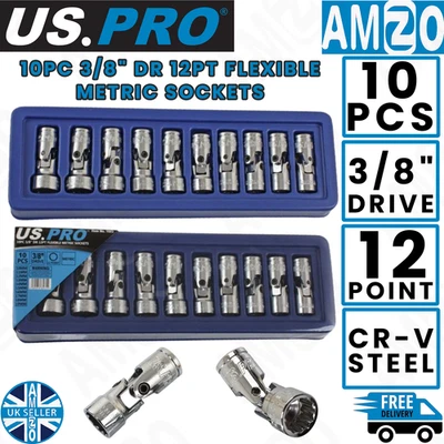 US PRO 10PC 3/8" Drive 12 Point Flexible Metric Socket Set 10-19mm Tool 1693 - Image 1 of 4