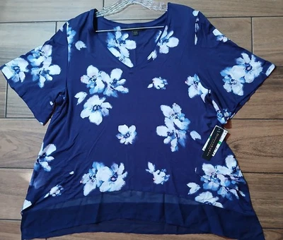 Ropa de dormir Donna Karan TOP para mujer talla grande tejido modal azul floral dobladillo transparente Foto 1 de 4