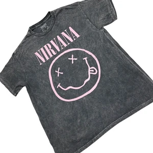 Nirvana Size L Black Wash Pink Happy Face Graphic Print Tee T-Shirt ~ NWOT - Picture 1 of 5